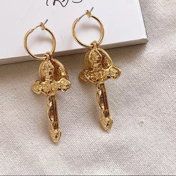 Gold Pendant Coin and Cross Religious Earrings - Picture 2 of 7